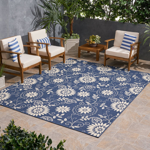 Outdoor Botanical Area Rug, Blue and Ivory - NH175803