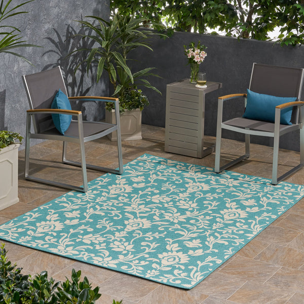 Foam Outdoor Botanical Area Rug, Blue and Ivory - NH775803