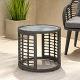 Outdoor Modern Boho Wicker Side Table with Tempered Glass Top - NH044013
