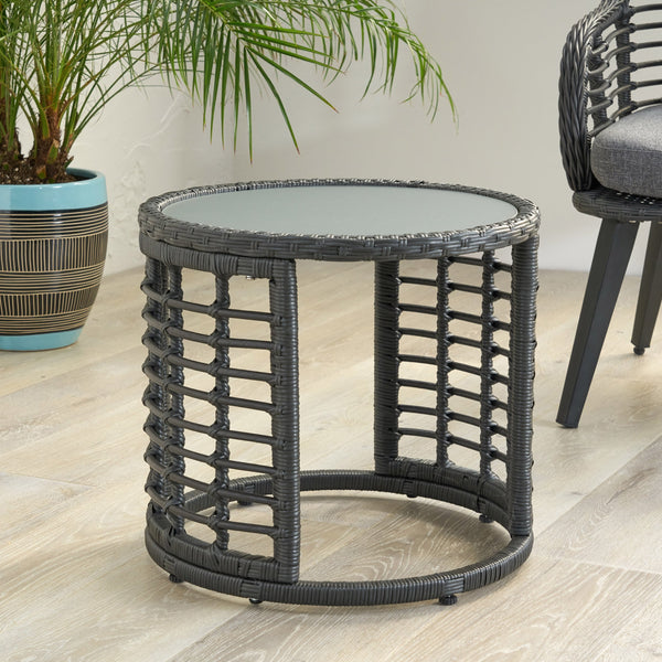 Modern Boho Wicker Side Table with Tempered Glass Top - NH244013