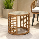 Outdoor Modern Boho Wicker Side Table with Tempered Glass Top - NH044013