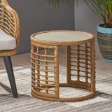 Modern Boho Wicker Side Table with Tempered Glass Top - NH244013