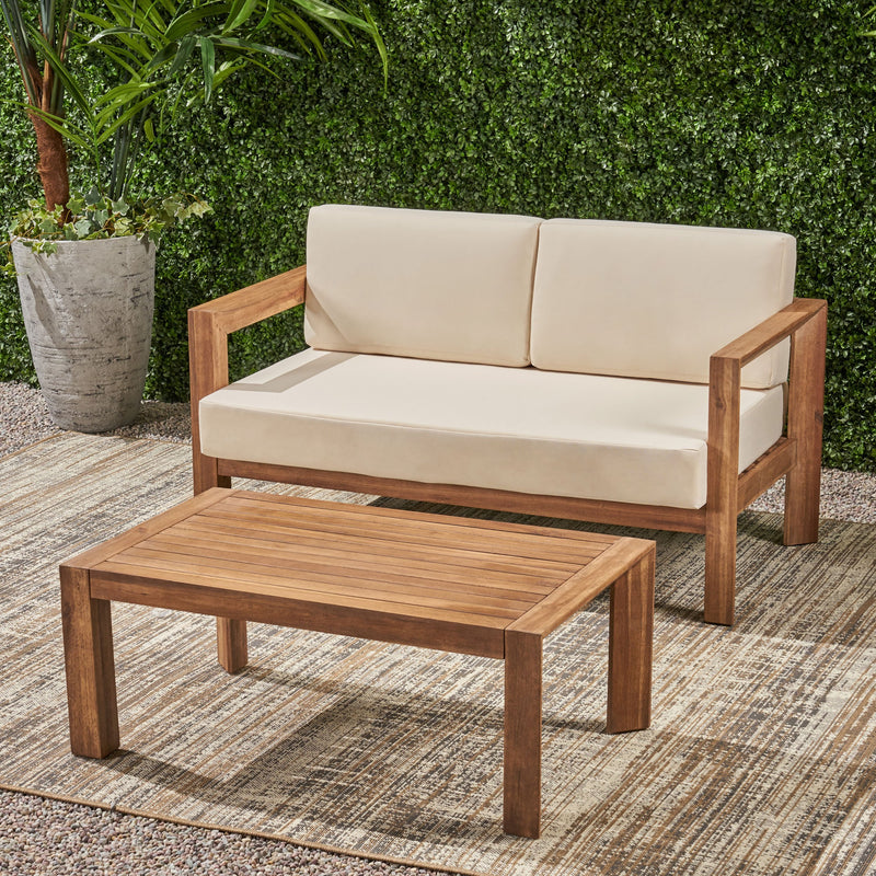 Outdoor 2 Seater Wooden Loveseat and Coffee Table Chat Set with Cushions, Beige and Brown Finish - NH272903