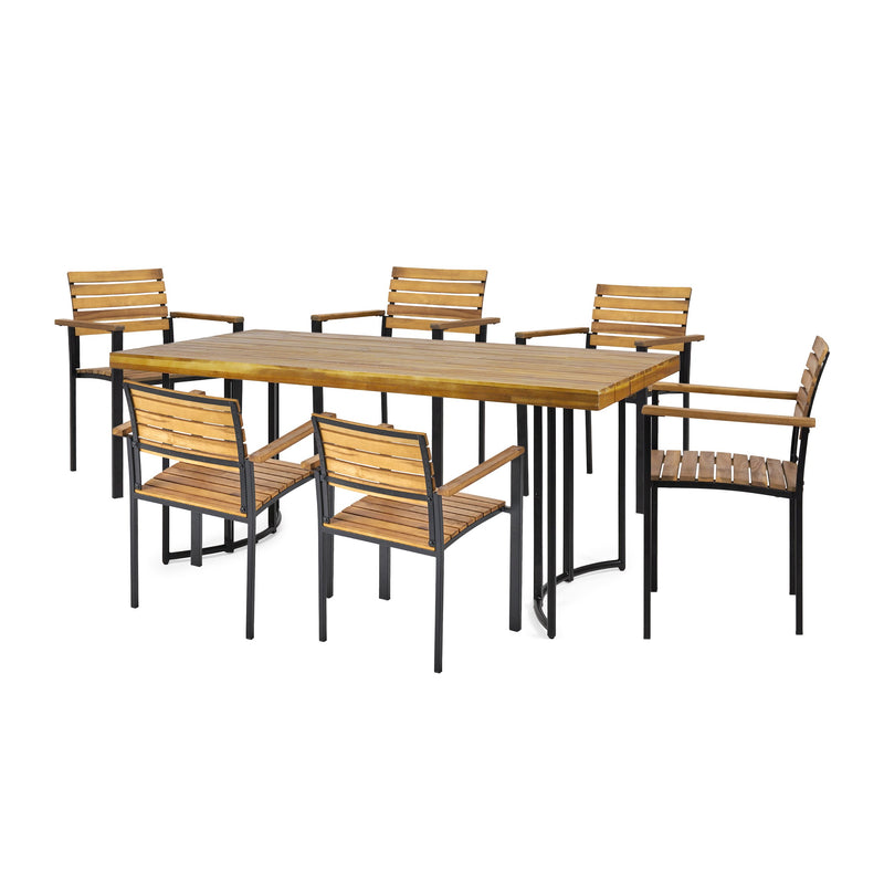 Outdoor Modern Industrial 7 Piece Acacia Wood Dining Set - NH629213