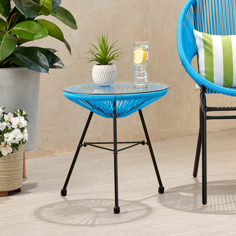 Outdoor Modern Faux Rattan Side Table with Tempered Glass Top - NH420113