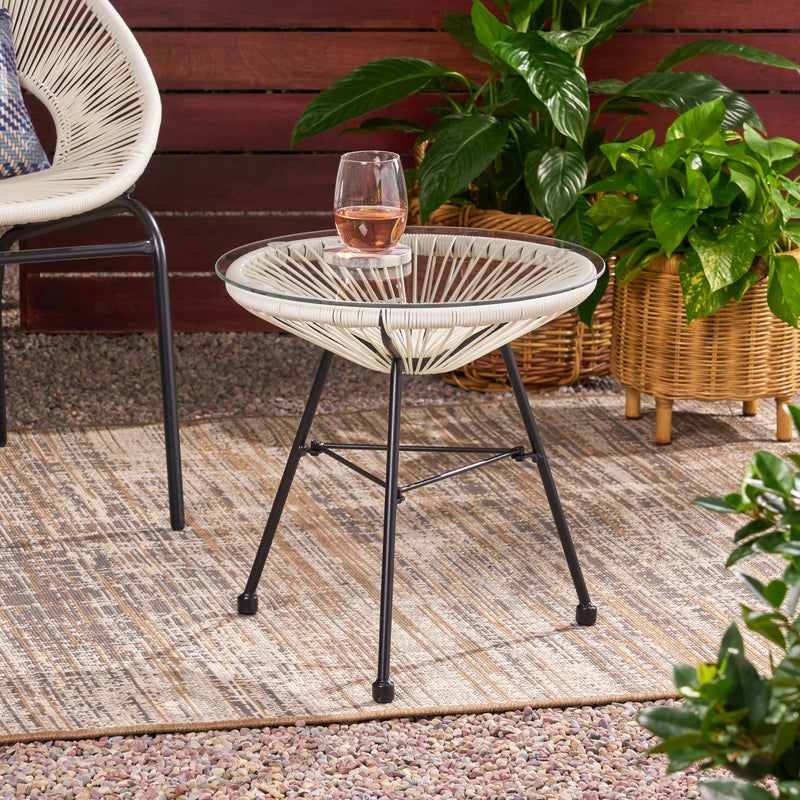 Outdoor Modern Faux Rattan Side Table with Tempered Glass Top - NH620113