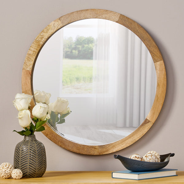 Modern Round Mirror with Mango Wood Frame - NH925113