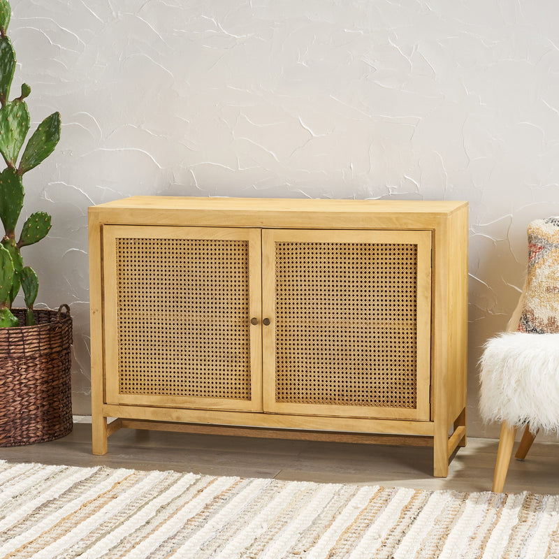 Boho 2 Door Mango Wood Cabinet with Wicker Caning - NH097013