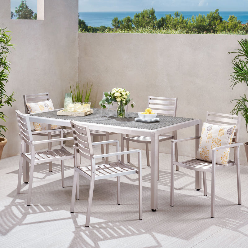 Outdoor Modern 6 Seater Aluminum Dining Set with Wicker Table Top - NH368013