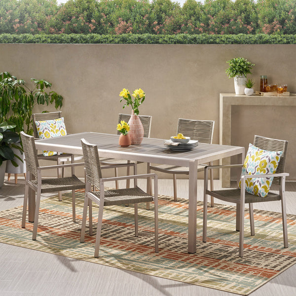 Outdoor Modern 6 Seater Aluminum Dining Set with Faux Wood Table Top - NH448013