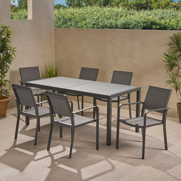 Outdoor 6 Seater Aluminum Dining Set with Tempered Glass Table Top - NH928013