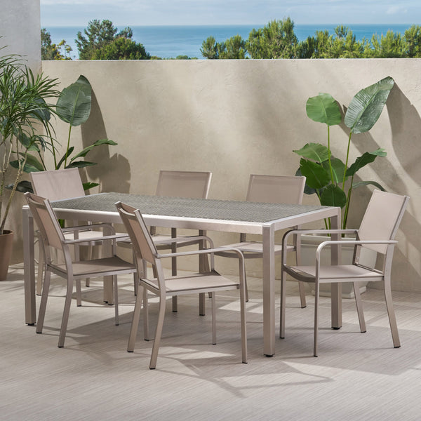 Outdoor Modern 6 Seater Aluminum Dining Set with Wicker Table Top - NH138013