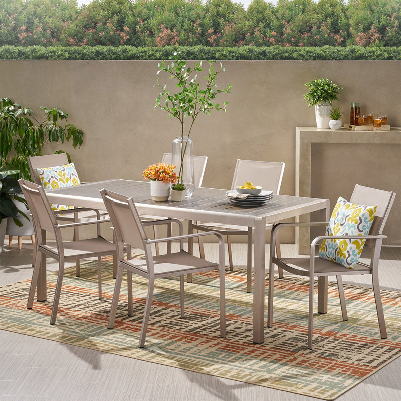 Outdoor Modern 6 Seater Aluminum Dining Set with Faux Wood Table Top - NH238013