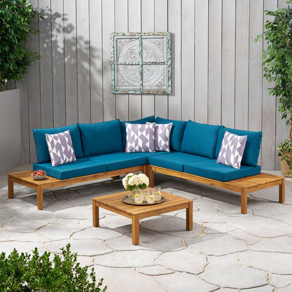 Outdoor 5 Seater V Shaped Acacia Wood Sectional Sofa Set with Cushions - NH623013