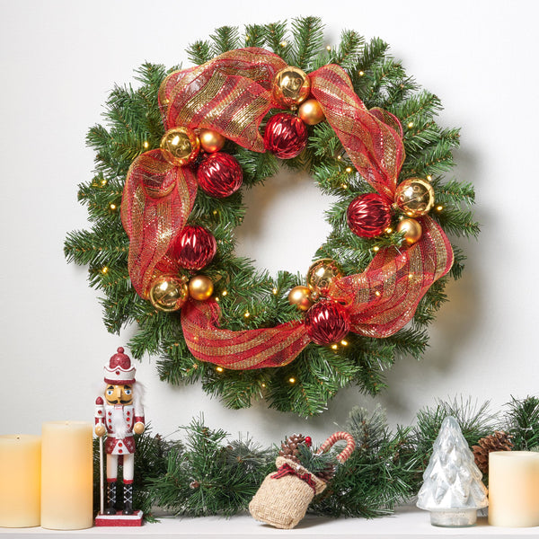 24-inch Noble Fir Pre-Lit Warm White LED Pre-Decorated Artificial Christmas Wreath - NH351113