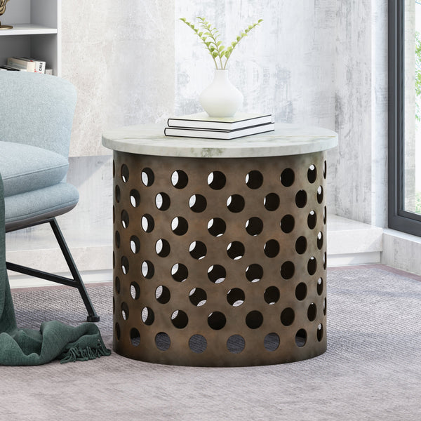 Modern Industrial Iron Accent Table with Marble Table Top - NH450113