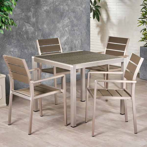 Outdoor Modern Aluminum 4 Seater Dining Set with Faux Wood Seats and Wicker Table Top - NH269013
