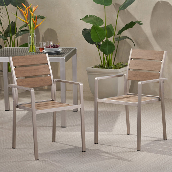Outdoor Modern Aluminum Dining Chair with Faux Wood Seat (Set of 2) - NH759013