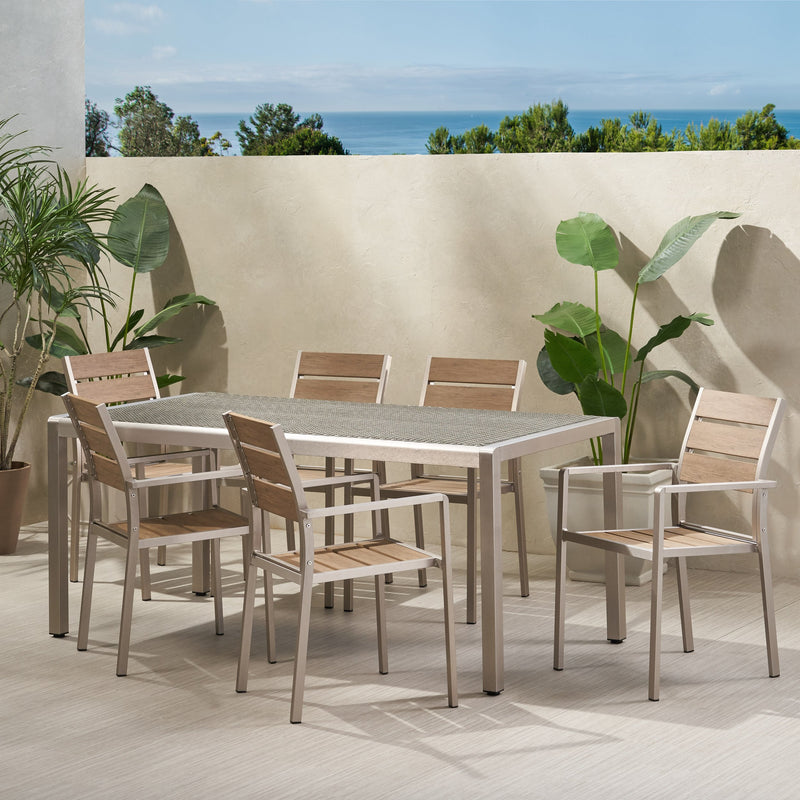 Outdoor Modern Aluminum 6 Seater Dining Set with Faux Wood Seats - NH959013