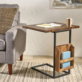 Modern Industrial Mango Wood Adjustable C-Shaped End Table with Magazine Rack - NH137113