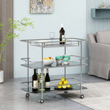 Modern 3 Tier Bar Cart with Glass Shelving, Silver and Black - NH590513