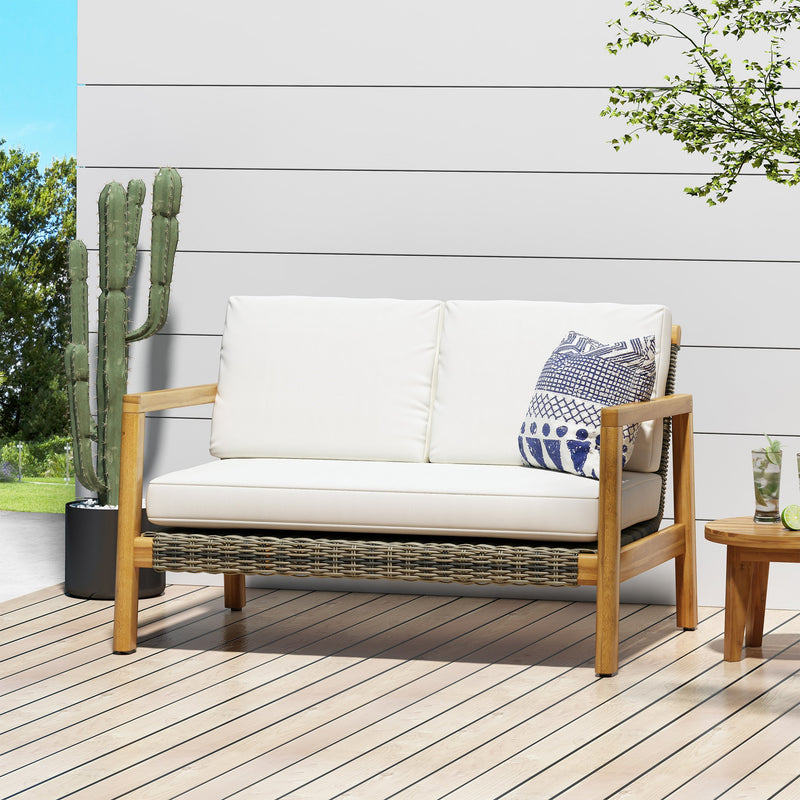 Outdoor Acacia Wood Loveseat with Wicker Accents - NH569213