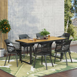 Outdoor Wood and Resin 7 Piece Dining Set, Black and Teak - NH340513