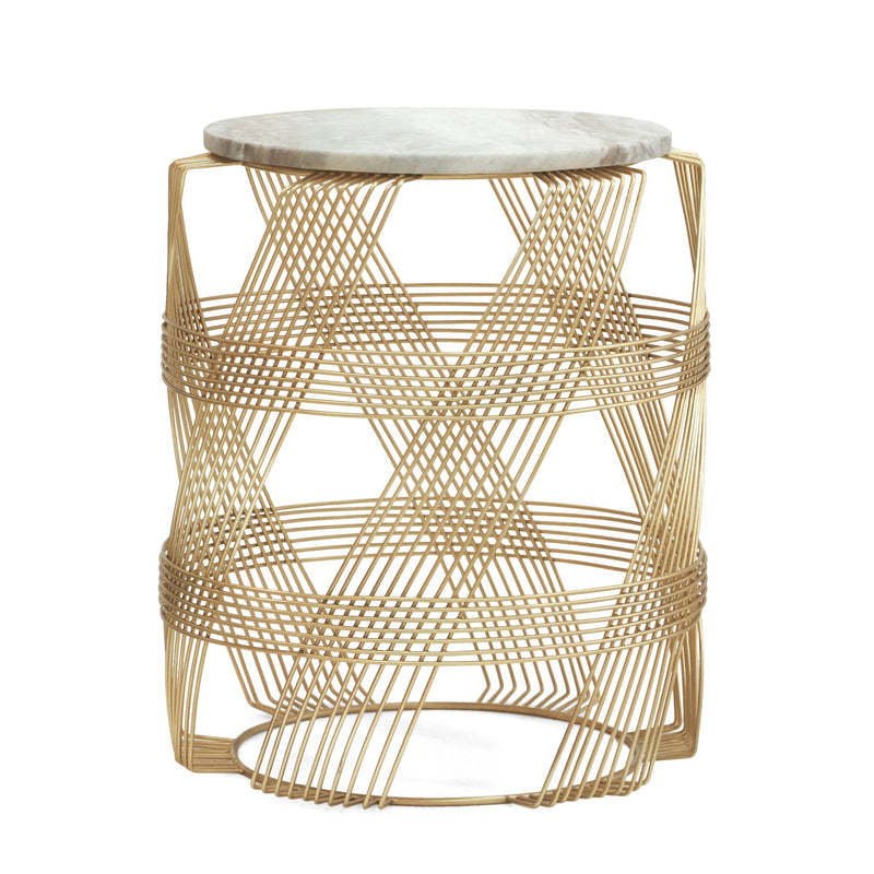 Modern Glam Handcrafted Marble Top Wire Frame Side Table, Natural and Gold - NH977413