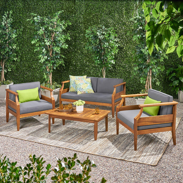 Outdoor Mid-Century Modern Acacia Wood 4 Seater Chat Set with Cushions - NH161213