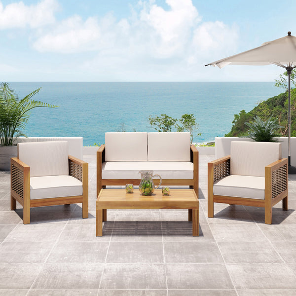 Outdoor 4 Seater Acacia Wood Chat Set with Wicker Accents - NH859213