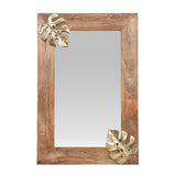 Boho Handcrafted Rectangular Mango Wood Wall Mirror, Natural and Antique Gold - NH384413