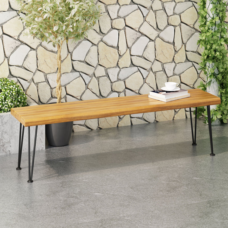 Outdoor Modern Industrial Acacia Wood Bench with Metal Hairpin Legs - NH087213