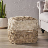Boho Handcrafted Fabric Cube Pouf, Ivory and Beige - NH304413