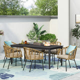 Outdoor Wicker 7 Piece Dining Set, Light Brown, Black, and Beige - NH999413