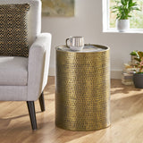 Modern Handcrafted Hammered Aluminum Drum Side Table, Aged Brass - NH716413