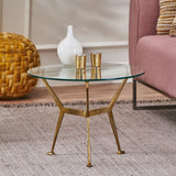 Modern Glam Handcrafted Glass Top Aluminum Tripod Coffee Table, Raw Brass - NH337413