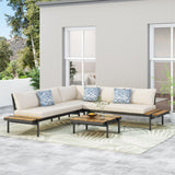 Outdoor Acacia Wood 5 Seater Sectional Sofa Set with Water Resistant Cushions, Teak, Black, and Cream - NH267413