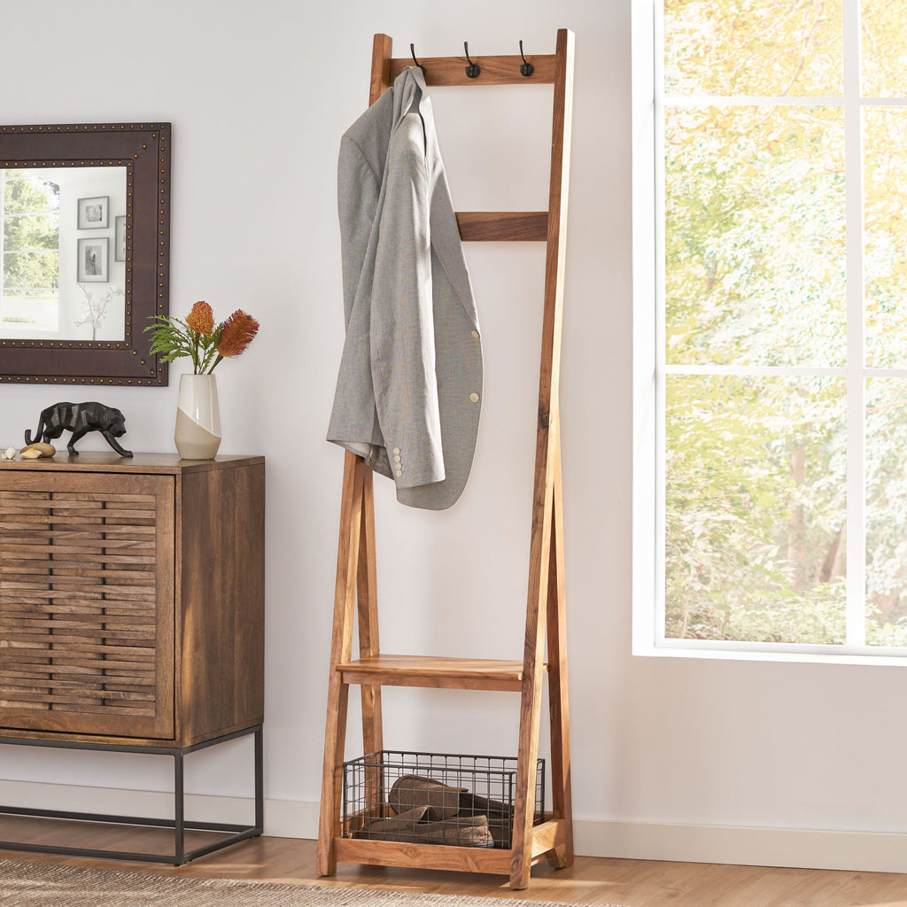 Modern Industrial Handcrafted Acacia Wood Coat Rack with Bench Storage ...