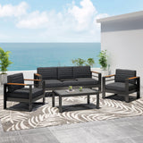 Outdoor Aluminum 5 Seater Chat Set with Water Resistant Cushions, Black, Natural, and Dark Gray - NH358413