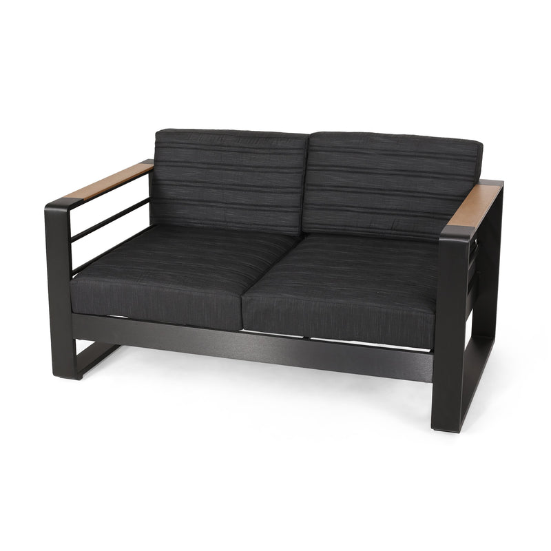 Outdoor Aluminum Loveseat with Water Resistant Cushions, Dark Gray, Natural, and Black - NH434413