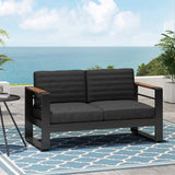 Outdoor Aluminum Loveseat with Water Resistant Cushions, Dark Gray, Natural, and Black - NH434413