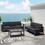 Outdoor Aluminum 6 Seater Chat Set with Water Resistant Cushions, Black, Natural, and Dark Gray - NH558413