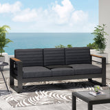 Outdoor Aluminum 3 Seater Sofa with Water Resistant Cushions, Black, Natural, and Dark Gray - NH258413