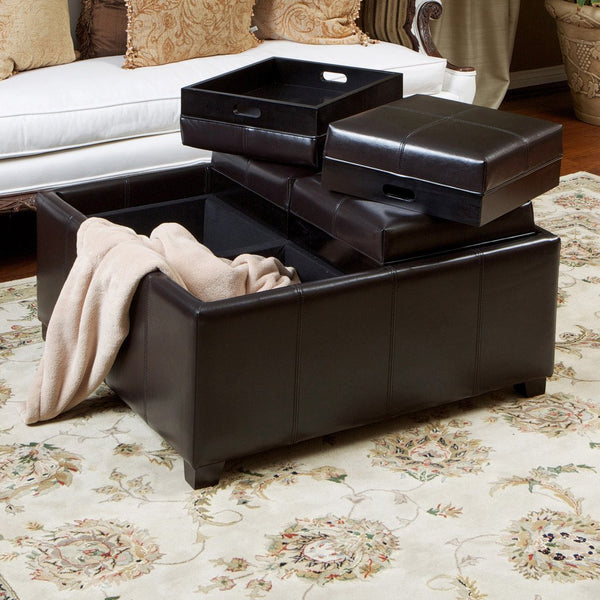 Espresso Leather Tray Top Storage Ottoman Coffee Table - NH515022