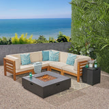 Outdoor 7 Piece V-Shaped Acacia Wood Sectional Sofa Set with Fire Pit and Outdoor Cushions - NH670703