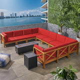 Outdoor Acacia Wood 10 Seater U-Shaped Sectional Sofa Set with Fire Pit - NH977603