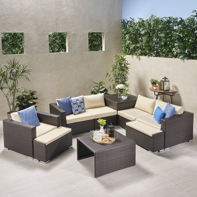 Outdoor 5 Seater V Shaped Wicker Storage Sectional Sofa Set with Ottomans - NH969903