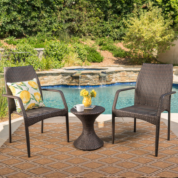 Outdoor 3 Piece Multi-Brown Wicker Chat Set with Stacking Chairs - NH684103