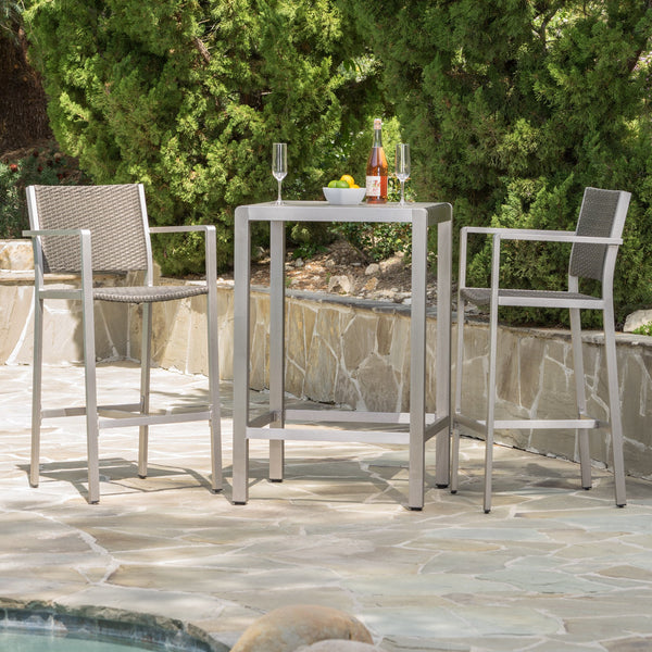 Outdoor 3 Piece Grey Wicker Bar Set with Glass Table Top - NH063003