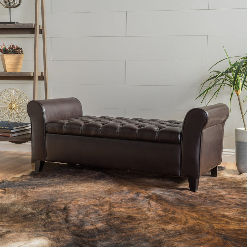 Rolled Arm Tufted Leather Storage Ottoman Bench - NH083992